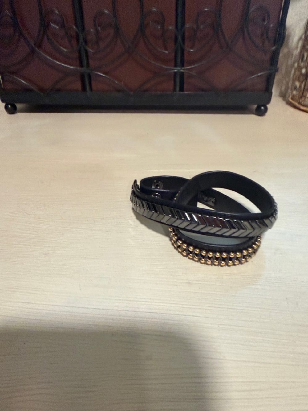 Men's Black Leather Wrap Bracelet with Silver and Gold Accents